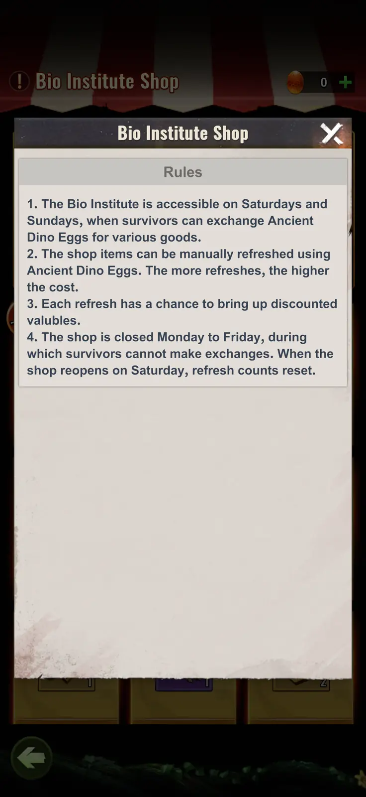 Bio Institute Shop rules showing weekend access, Ancient Dino Egg refresh costs, discounts, and weekday closure