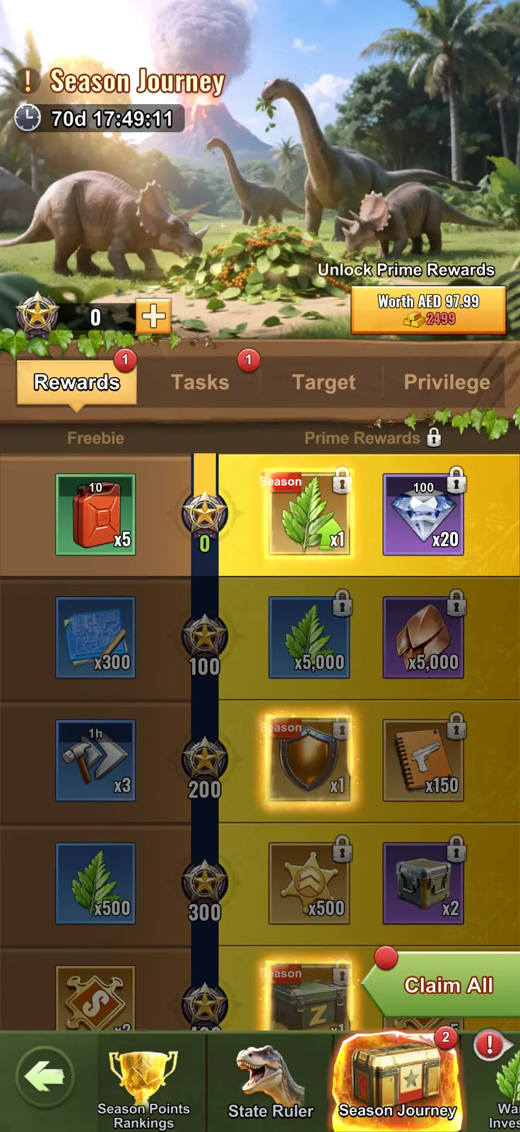 Season Journey reward track with free and Prime Reward lanes and early EXP milestones