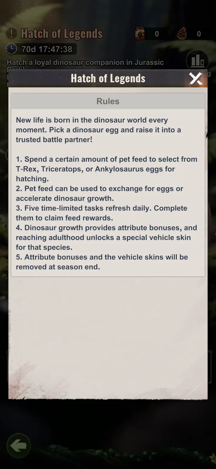 Hatch of Legends rules listing three dinosaur eggs, daily feed tasks, growth bonuses, and temporary vehicle skins