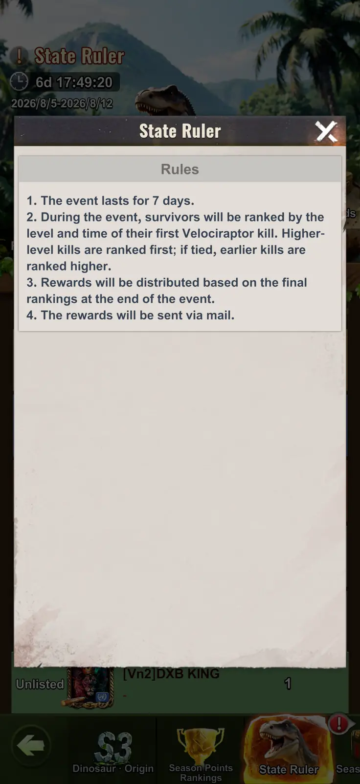 State Ruler rules showing the seven-day duration and first Velociraptor kill ranking system
