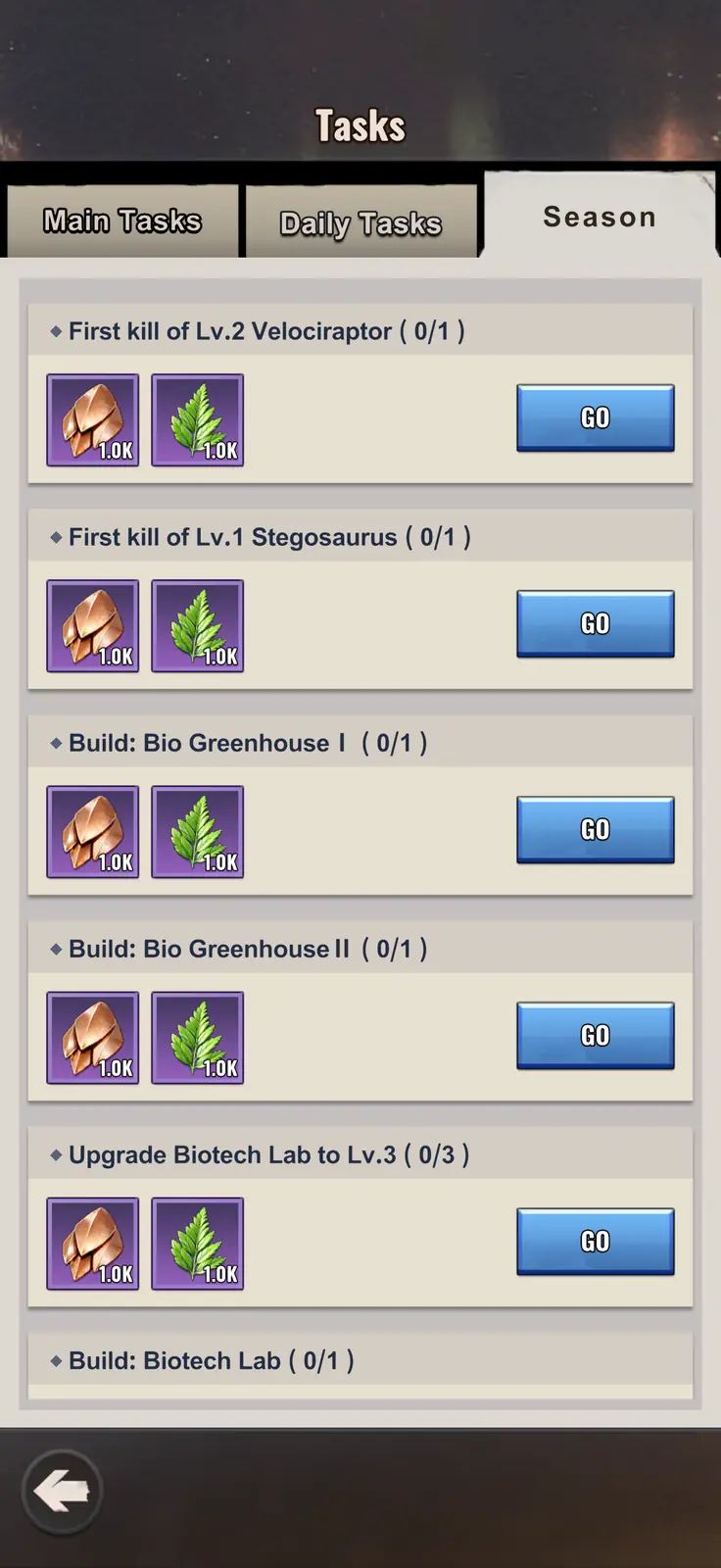 Season 3 task list showing first Velociraptor and Stegosaurus kills, Bio Greenhouse construction, and Biotech Lab upgrades