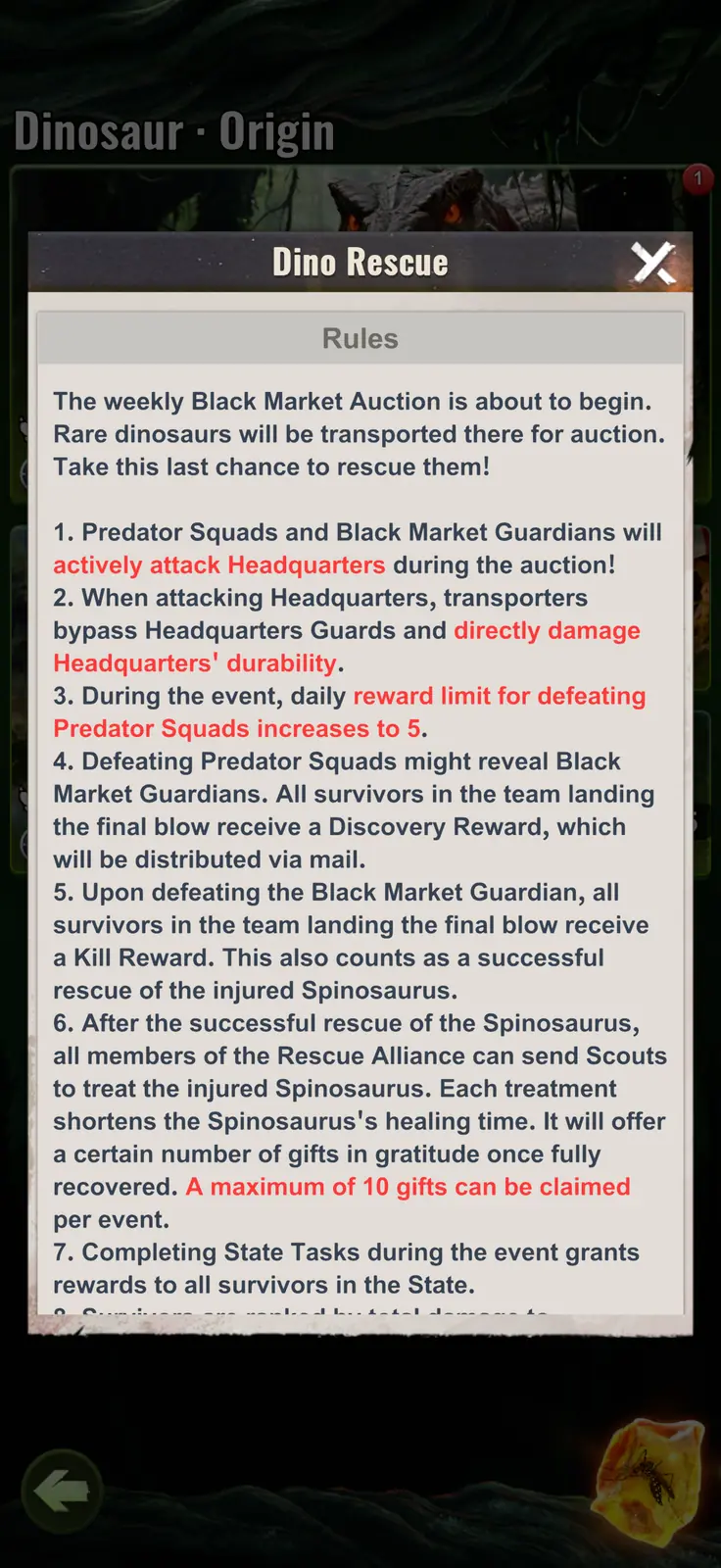 Dino Rescue rules describing Predator Squad attacks, Black Market Guardians, Spinosaurus recovery, and event rewards