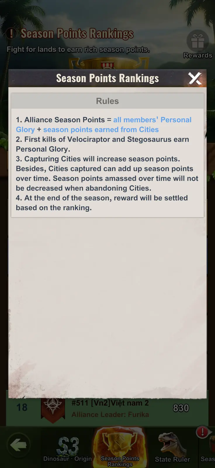 Season Points Rankings rules explaining Personal Glory, city points, and end-of-season settlement