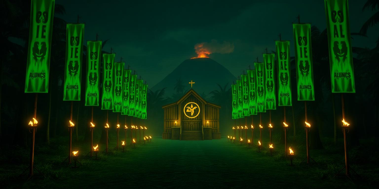 Ceremonial alliance rally avenue at night lined with glowing green banners and torches