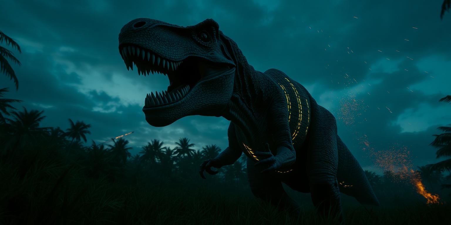 Ancient T-Rex world boss roaring in a jungle clearing at dusk