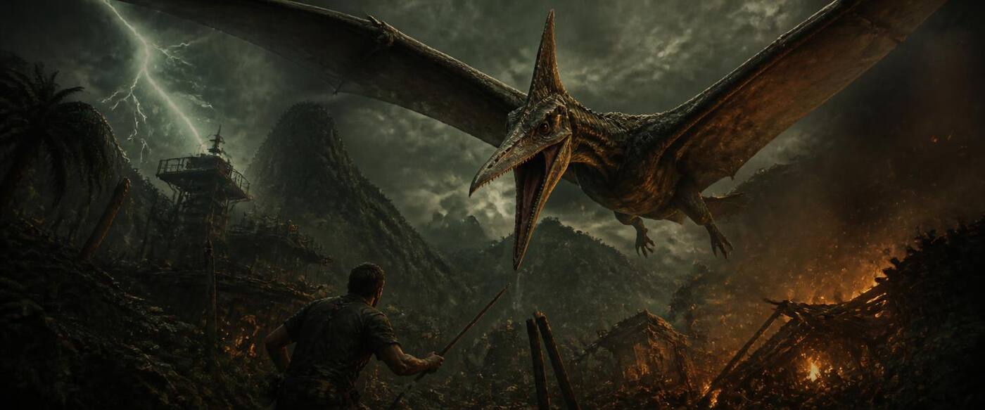 Original illustration of a flying pterosaur diving over a ruined jungle outpost in a storm