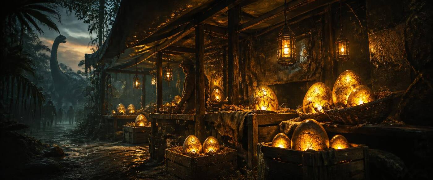 Original illustration of a lantern-lit jungle market stall stacked with glowing golden dinosaur eggs