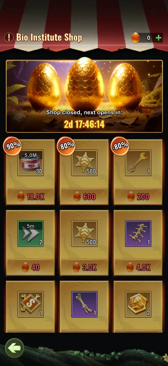 In-game Bio Institute Shop showing the discounted rotating stock grid priced in dino eggs