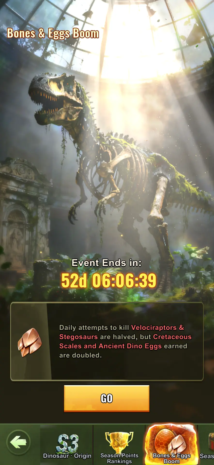 Bones and Eggs Boom event screen showing the countdown and doubled drop banner