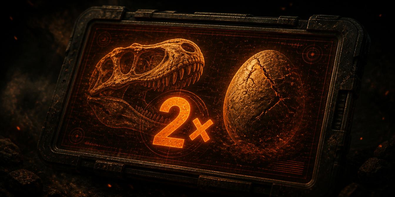 Tactical HUD showing a dinosaur skull, ancient egg, and glowing 2× multiplier