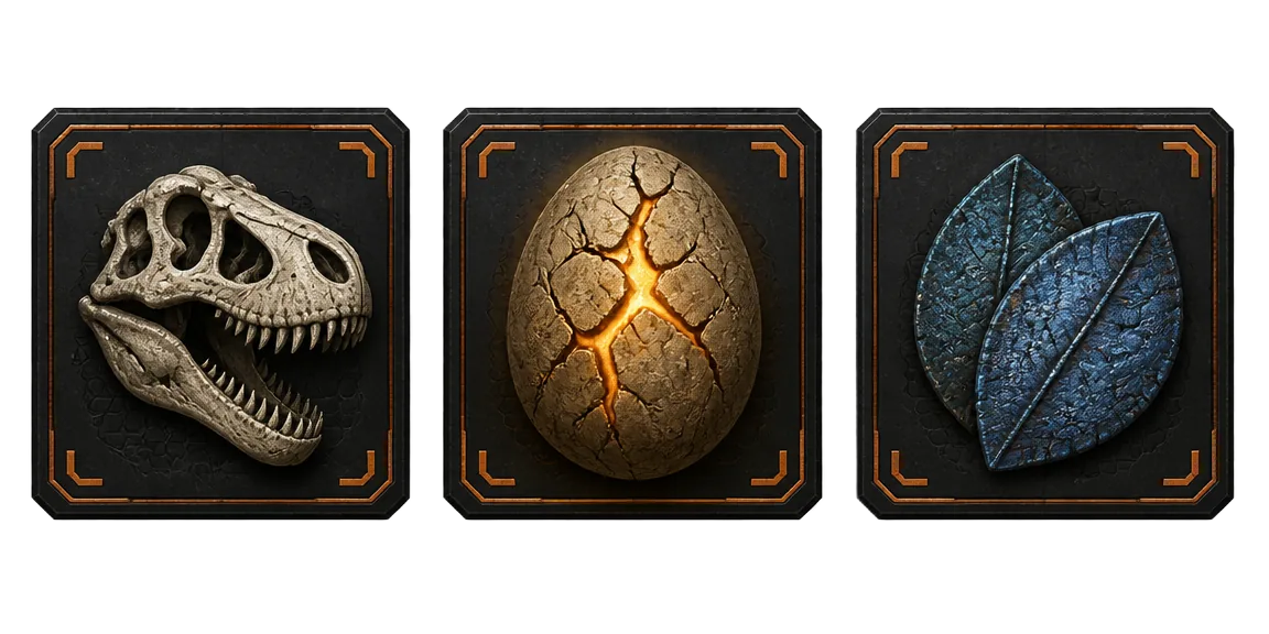 Three tactical badges: dinosaur skull for bones, ancient egg for eggs, blue scales for cretaceous scales
