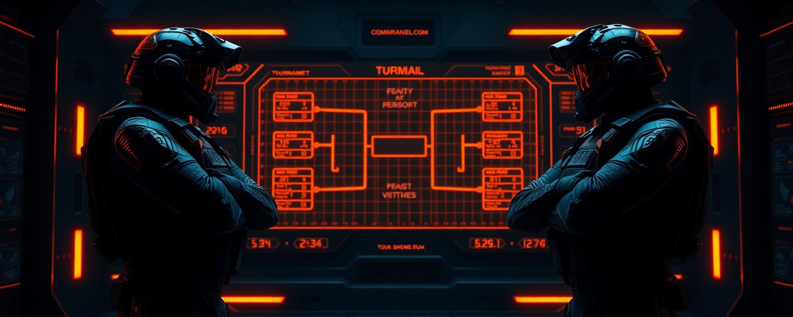 Two armored Last Z commanders facing a glowing tournament bracket display in a dark command room