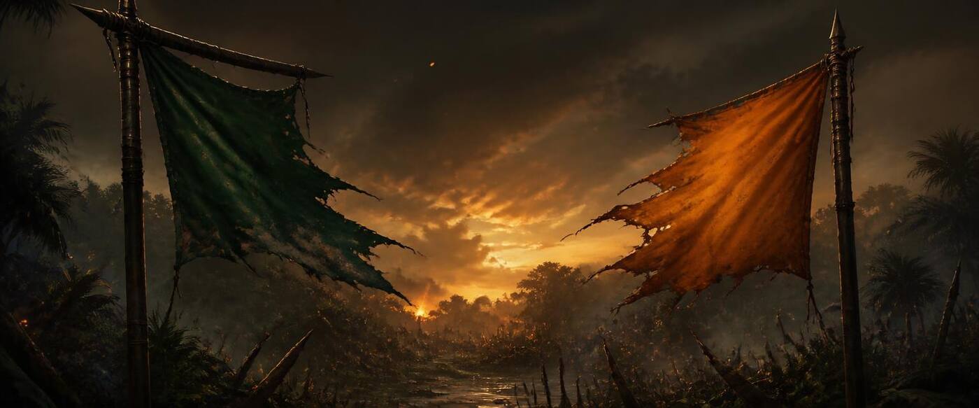 Original illustration of two tattered war banners facing each other across a smoky jungle battlefield