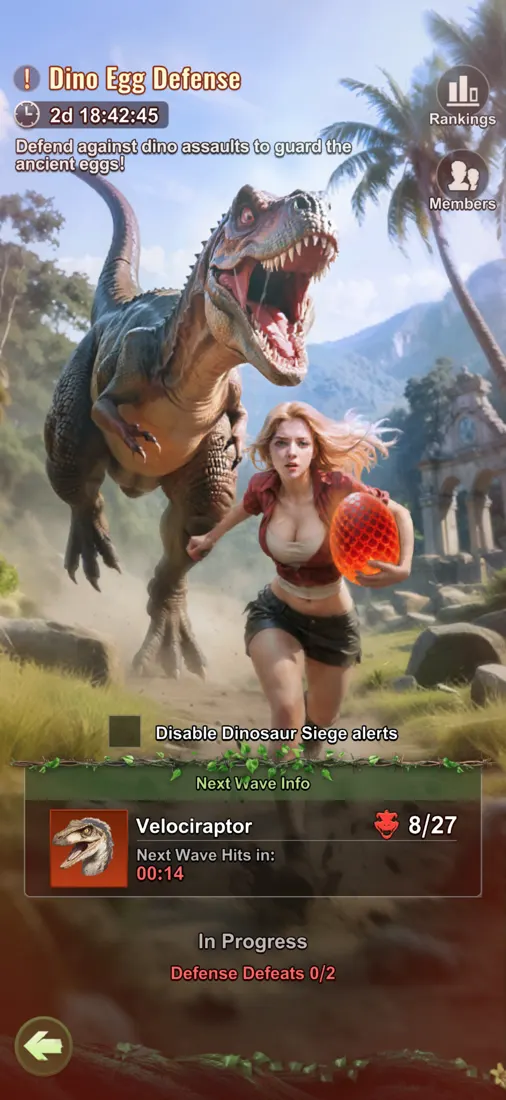 Dino Egg Defense event screen showing the wave counter and defence defeats