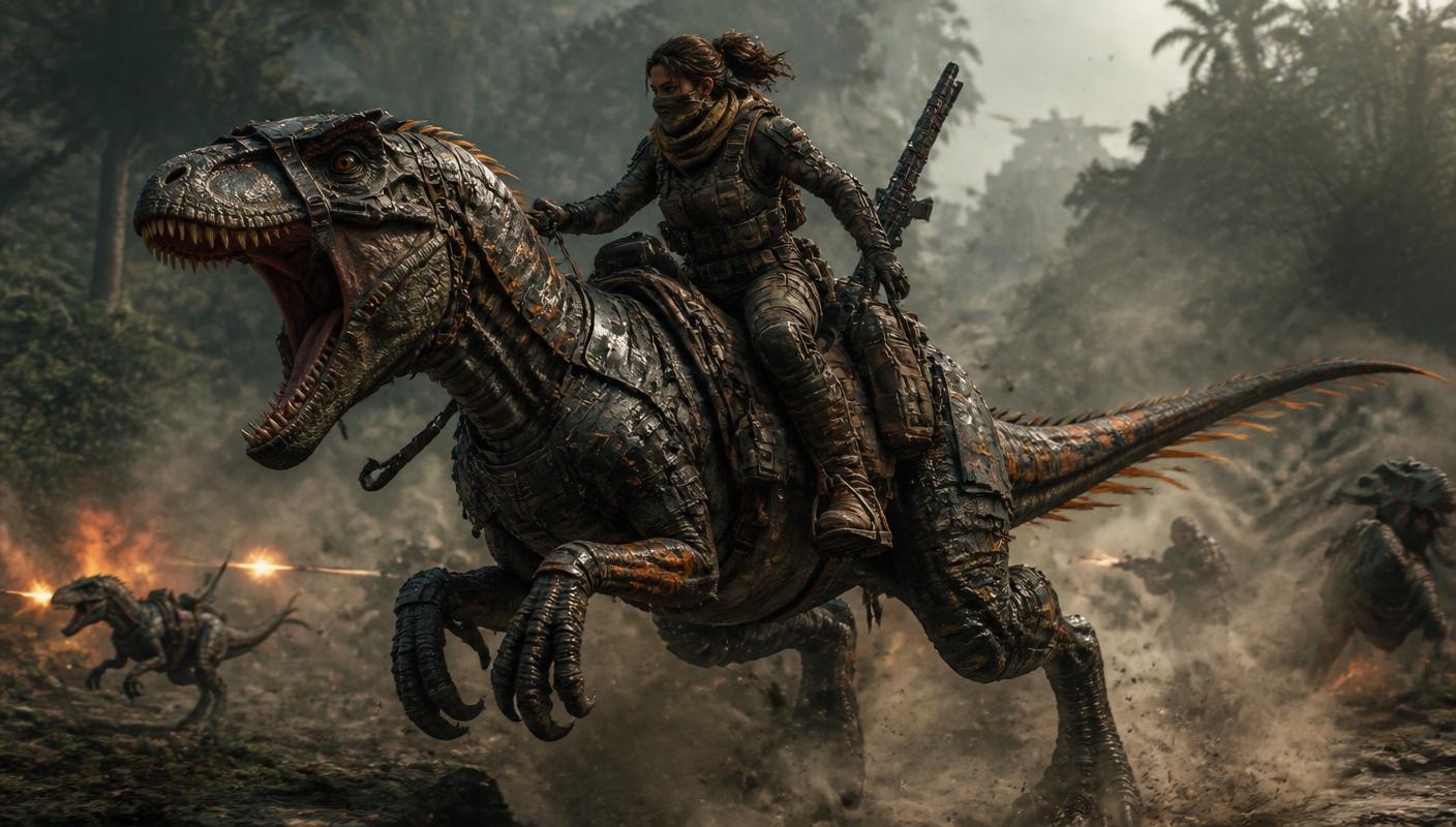 Survivor riding an armored raptor mount through the jungle
