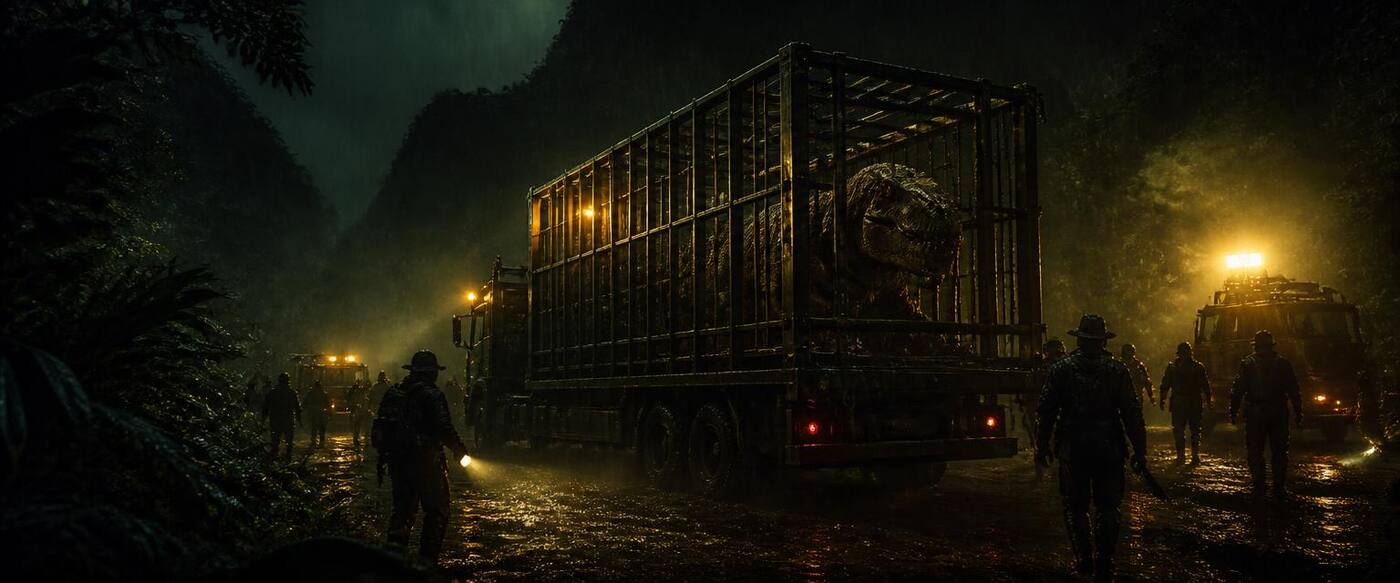 Original illustration of a caged dinosaur on a flatbed truck escorted by rescue workers at night