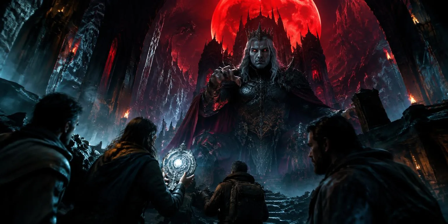 A crowned vampire duke rising beneath a blood moon as survivors hold a silver artifact