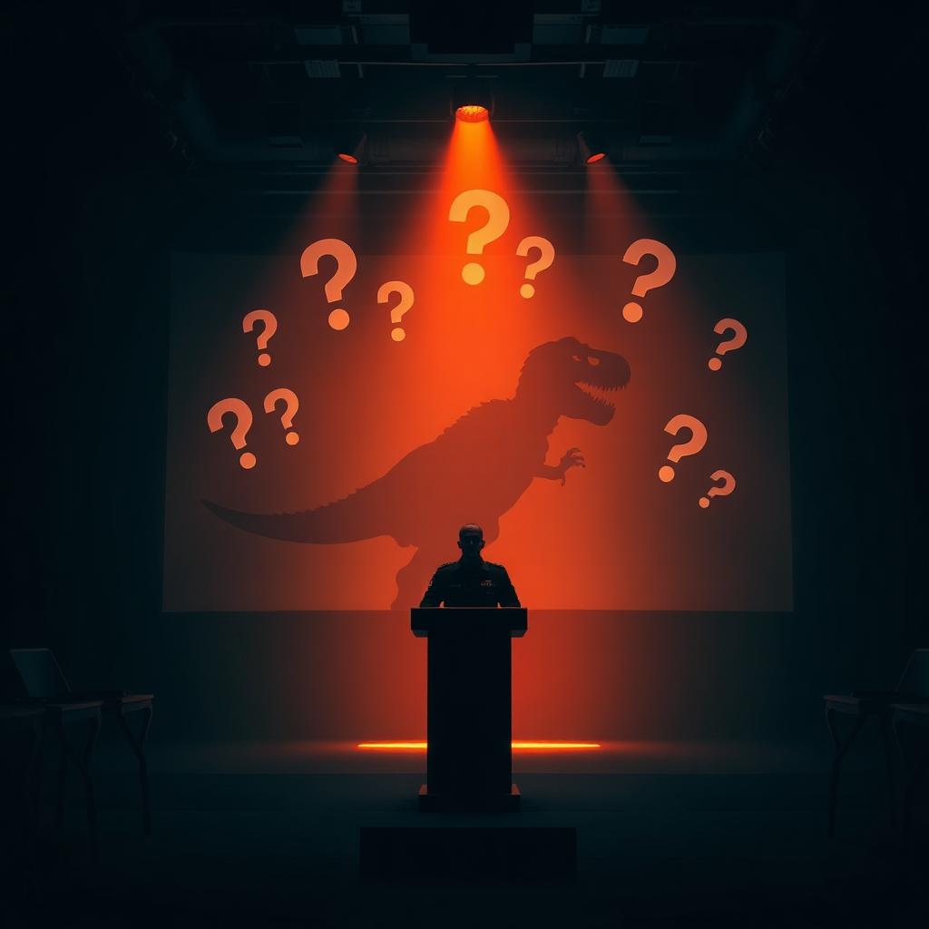 Officer at a briefing lectern under an orange spotlight with question marks around a dinosaur silhouette