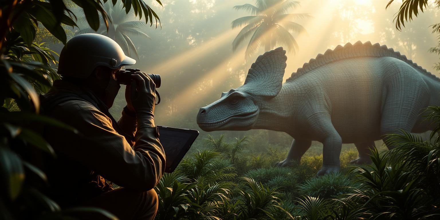 Scout observing a triceratops through binoculars in a misty Jurassic jungle