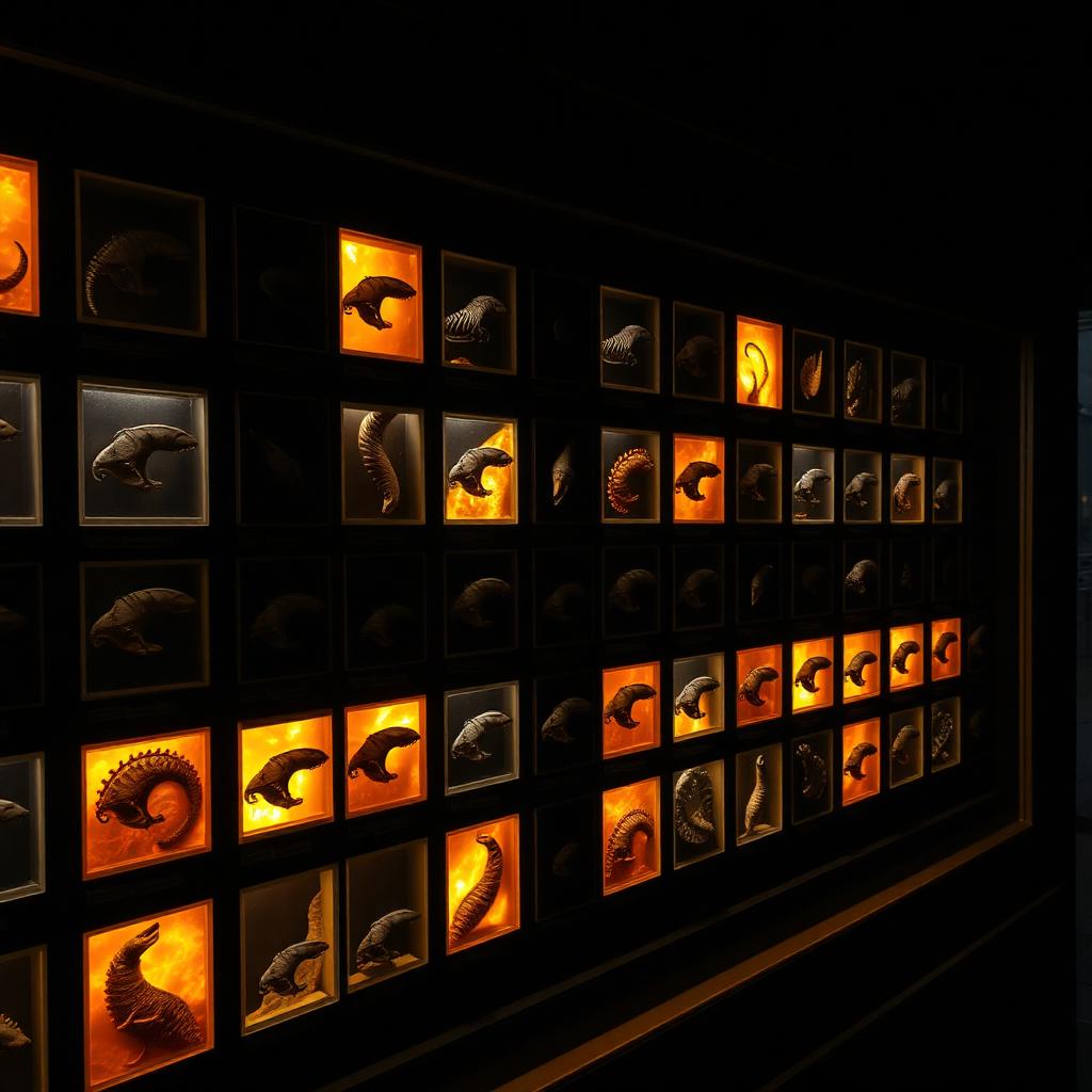 Museum wall of illuminated dinosaur fossil display cases, some slots filled and others dim