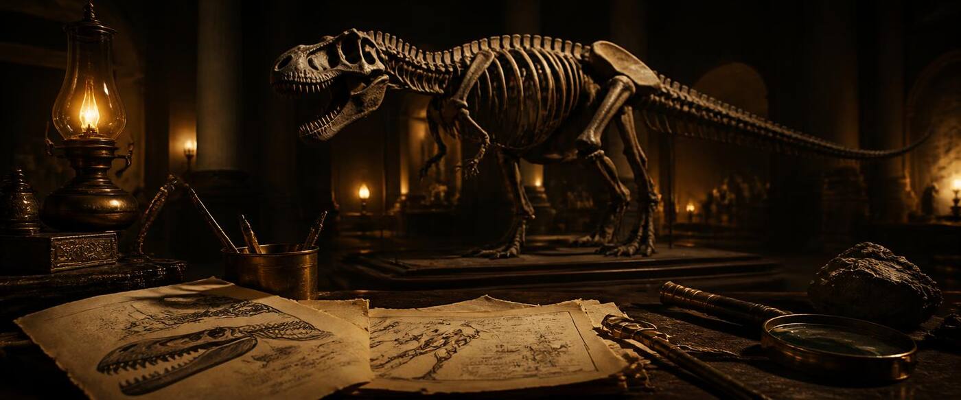 Original illustration of a mounted dinosaur fossil skeleton beside aged paper field sketches