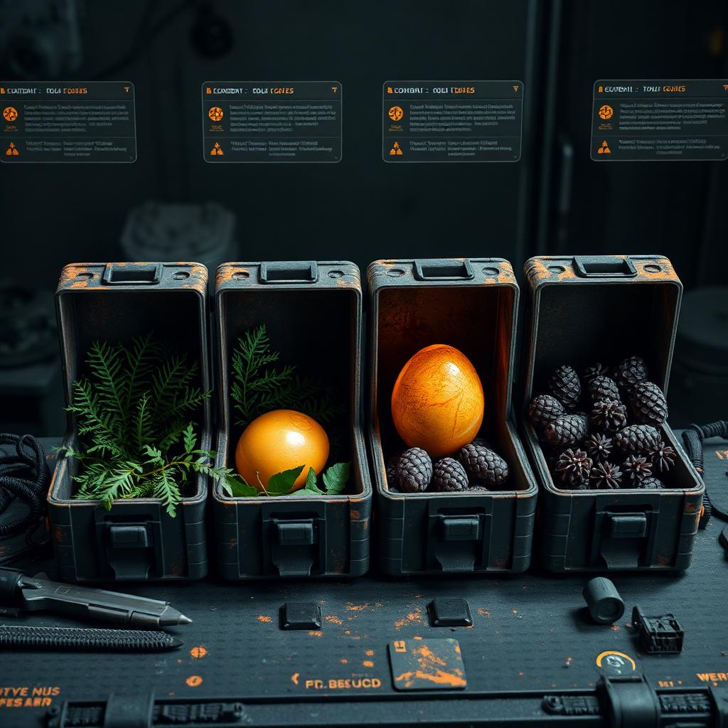 Four supply crates containing ferns, scales, dinosaur egg and pine cones