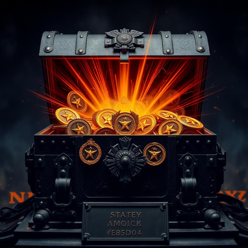 Military trophy chest overflowing with glowing glory badges