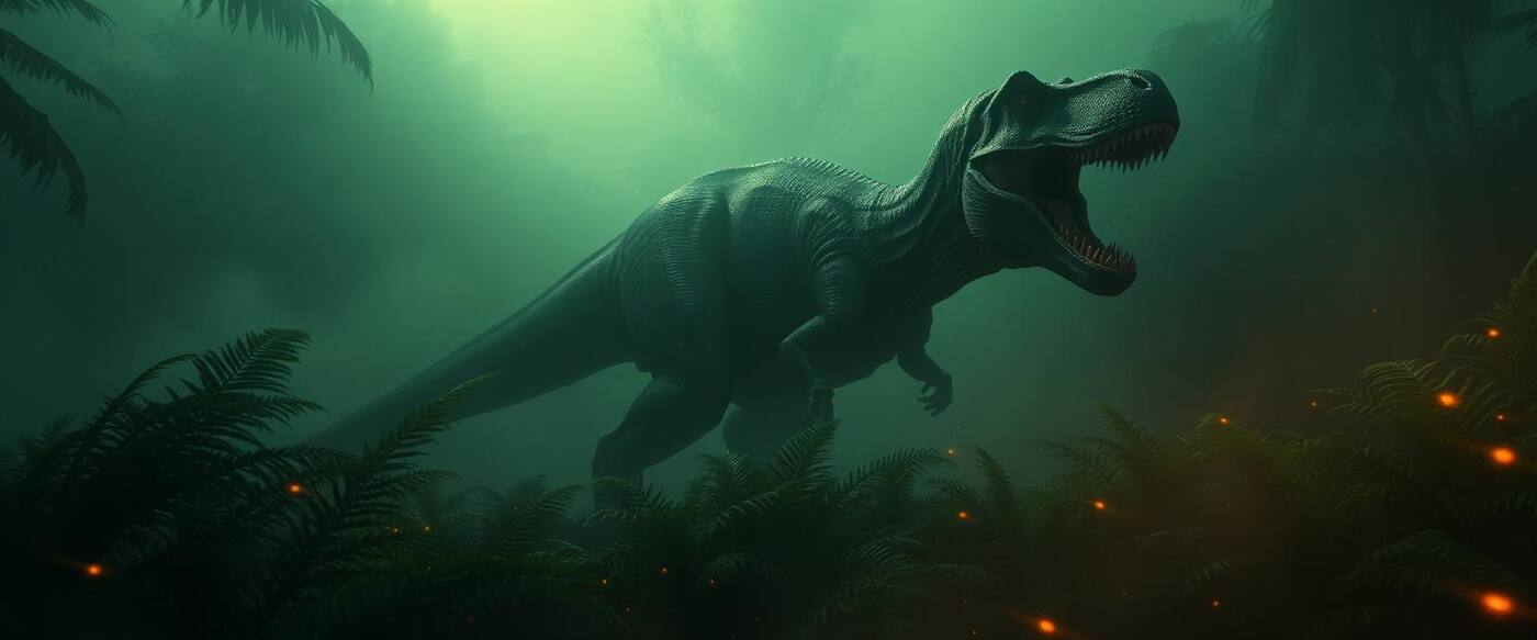 Original illustration of a tyrannosaur calling out among giant ferns in a misty prehistoric jungle