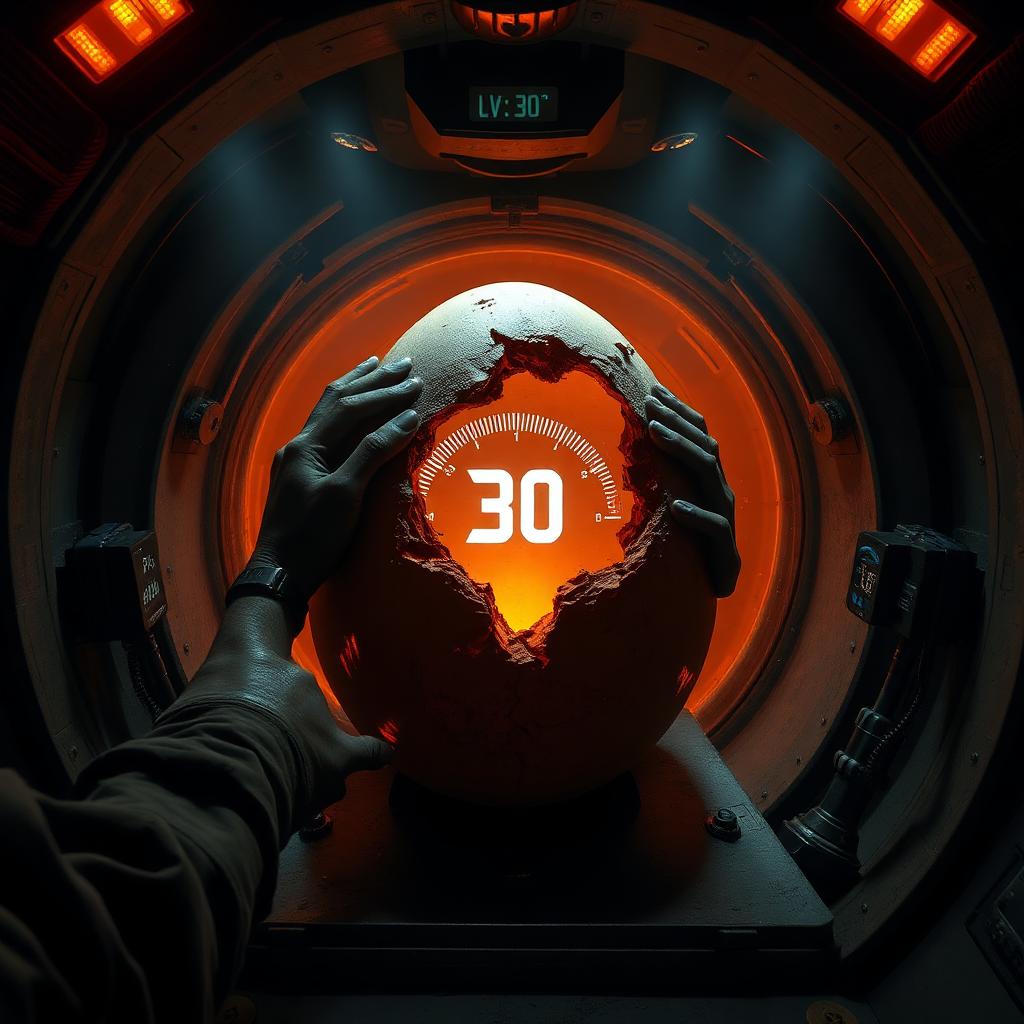 Cracking dinosaur egg glowing in a tactical incubation chamber climbing to level 30