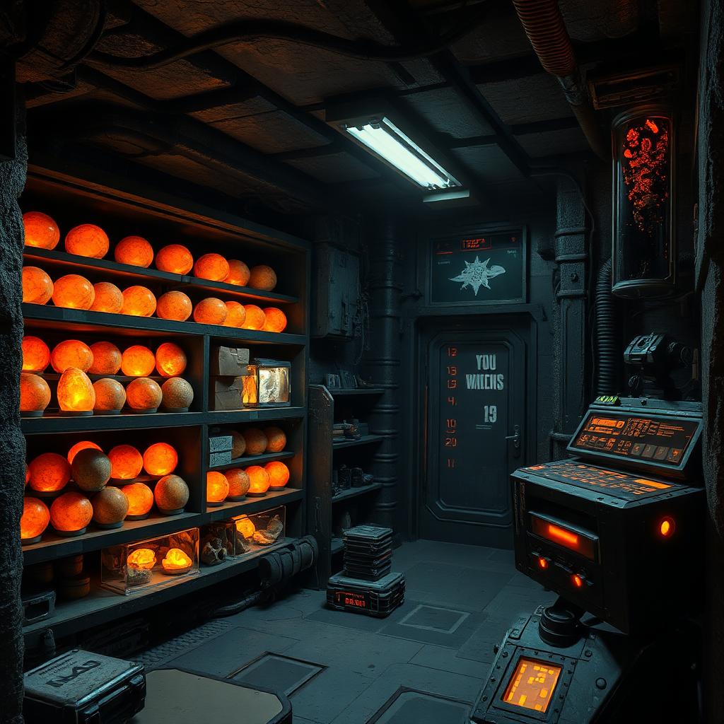 Underground bio-institute shop vault stocked with glowing dinosaur eggs and hero fragment crystals
