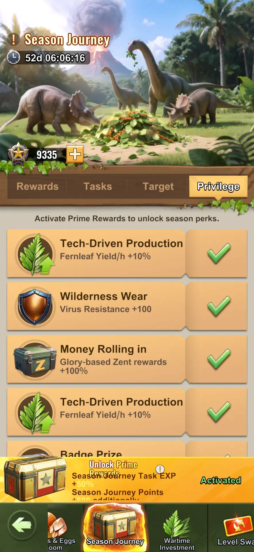 Season Journey Privilege tab showing Fernleaf yield, Virus Resistance and Zent reward perks