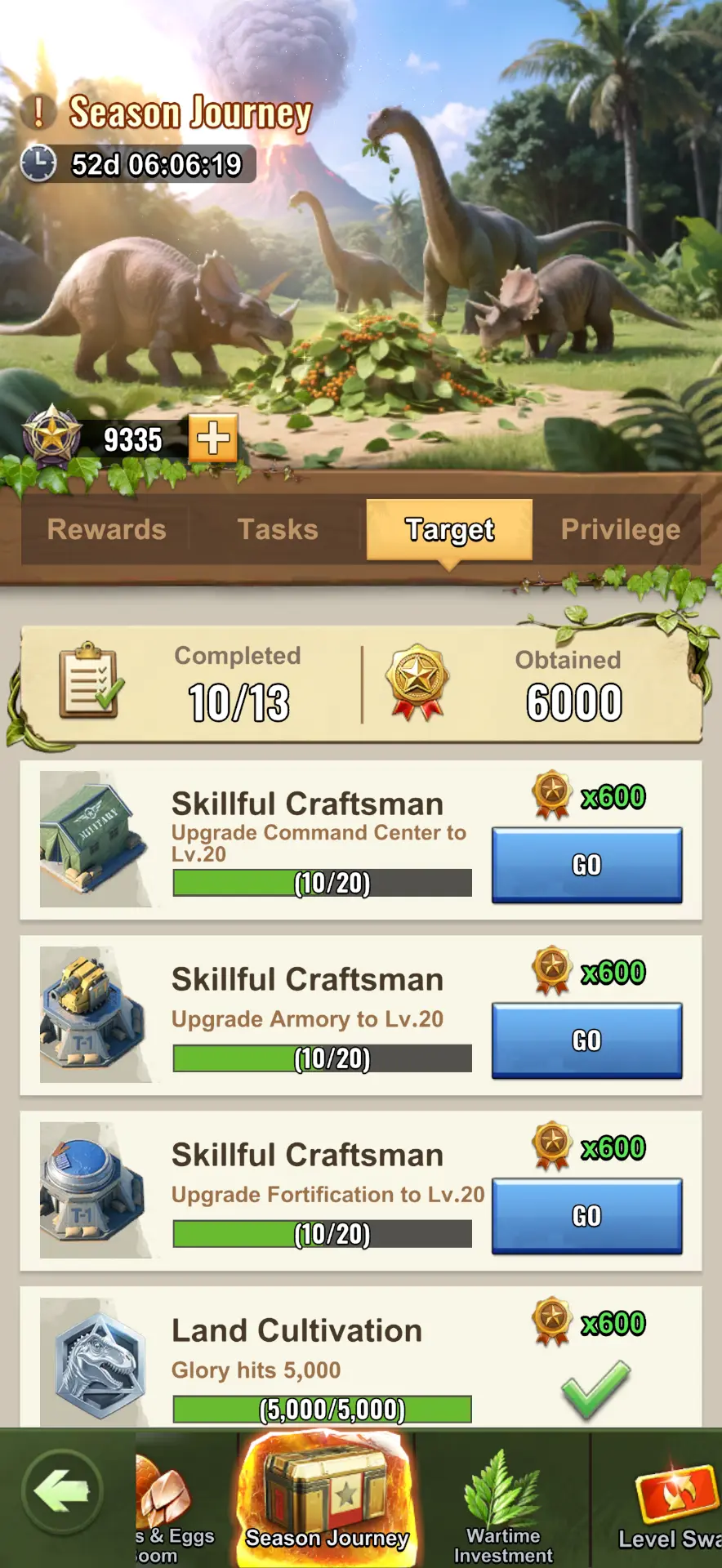 Season Journey Target tab showing completed season targets and glory point rewards