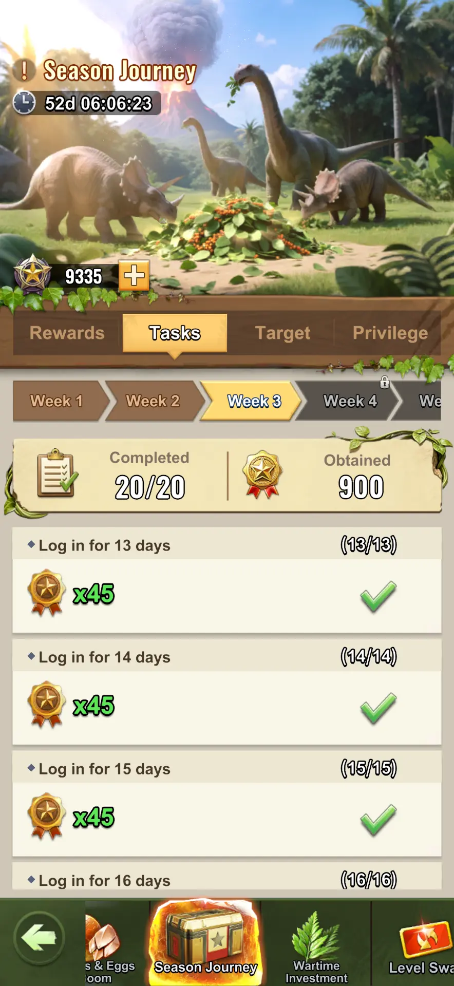 Season Journey Tasks tab showing weekly log-in tasks and point payouts