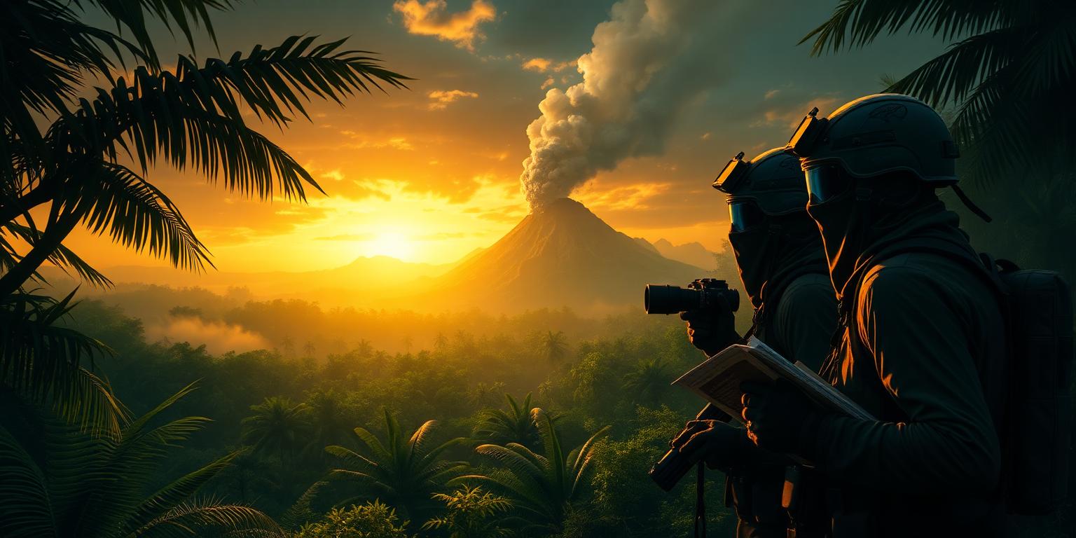 Scouts overlooking a Jurassic jungle valley with an erupting volcano