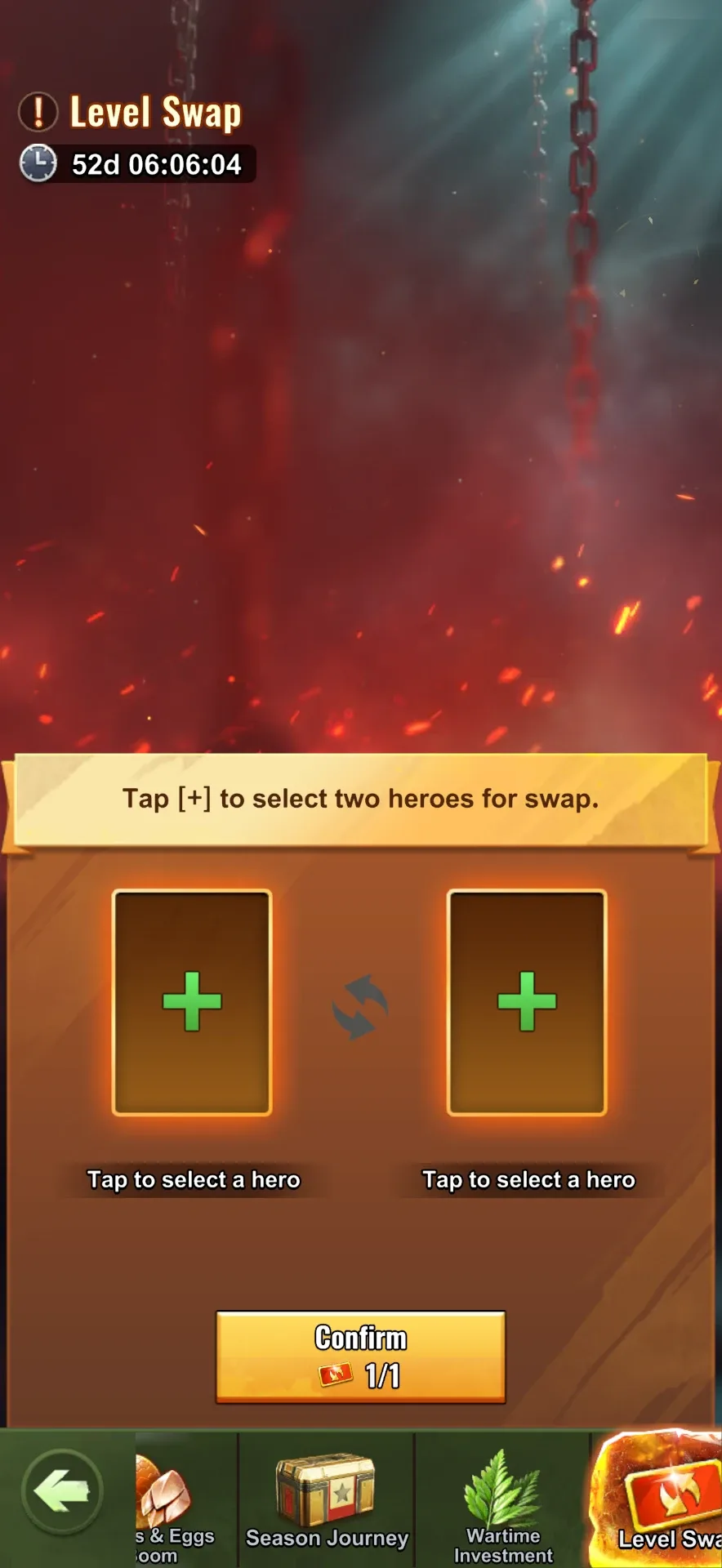 Level Swap screen showing two hero slots selected for a level exchange