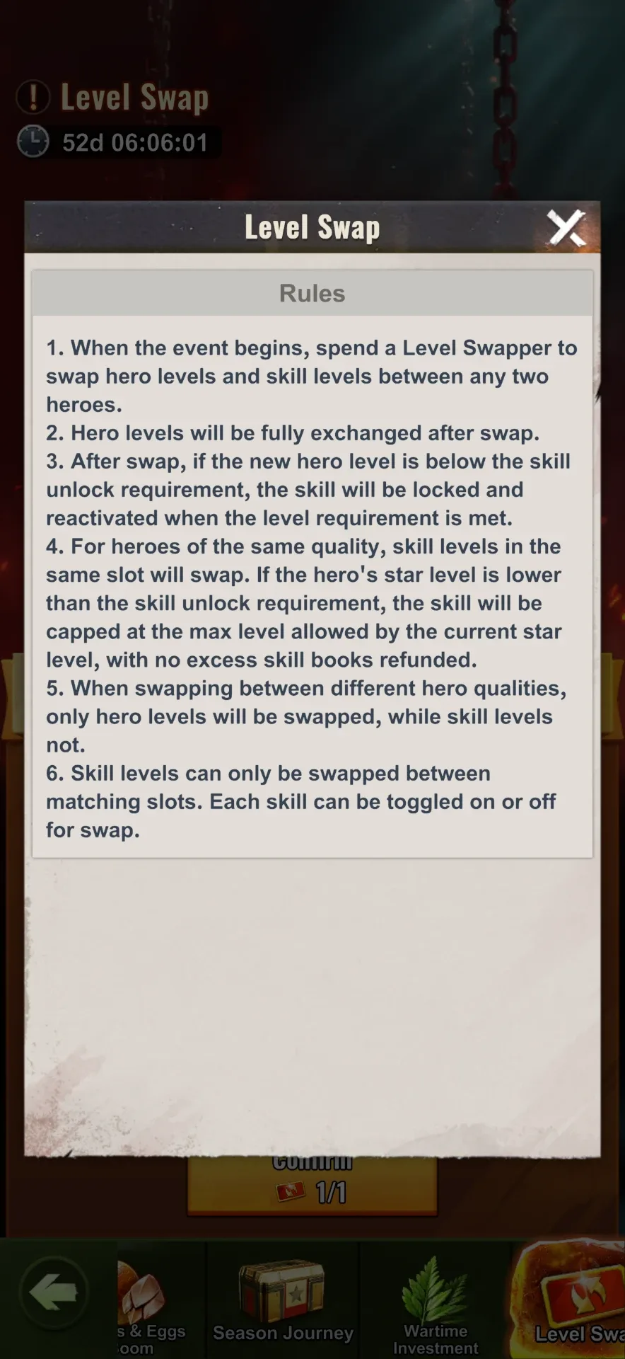 In-game Level Swap Rules popup listing the six swap rules