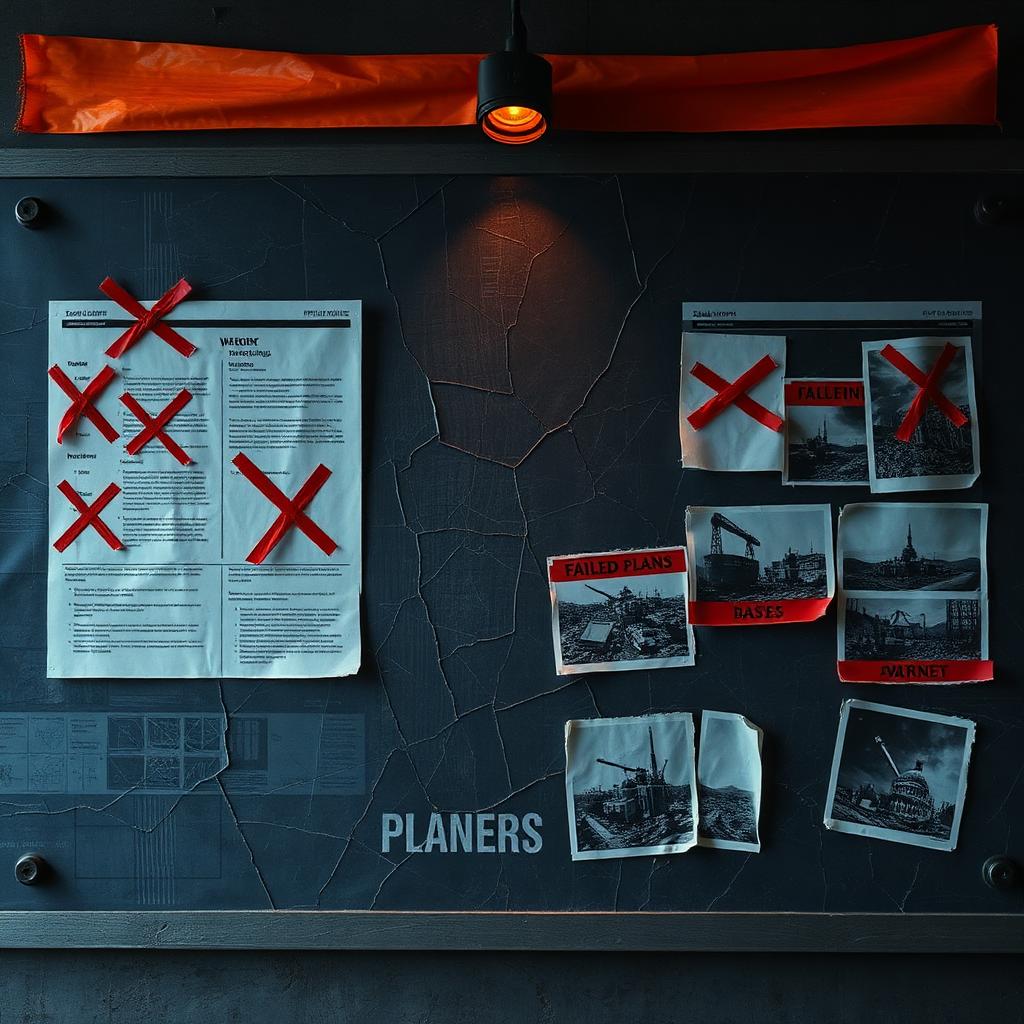 Cracked strategy briefing board covered with X-marked failed plans and torn photographs