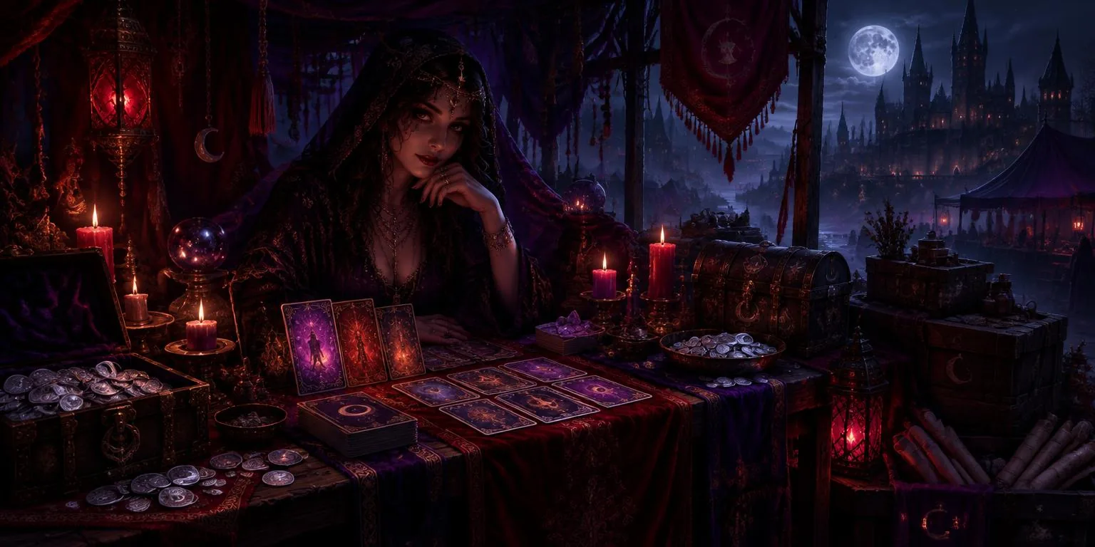 A moonlit market stall stacked with cards, chests and silver coins