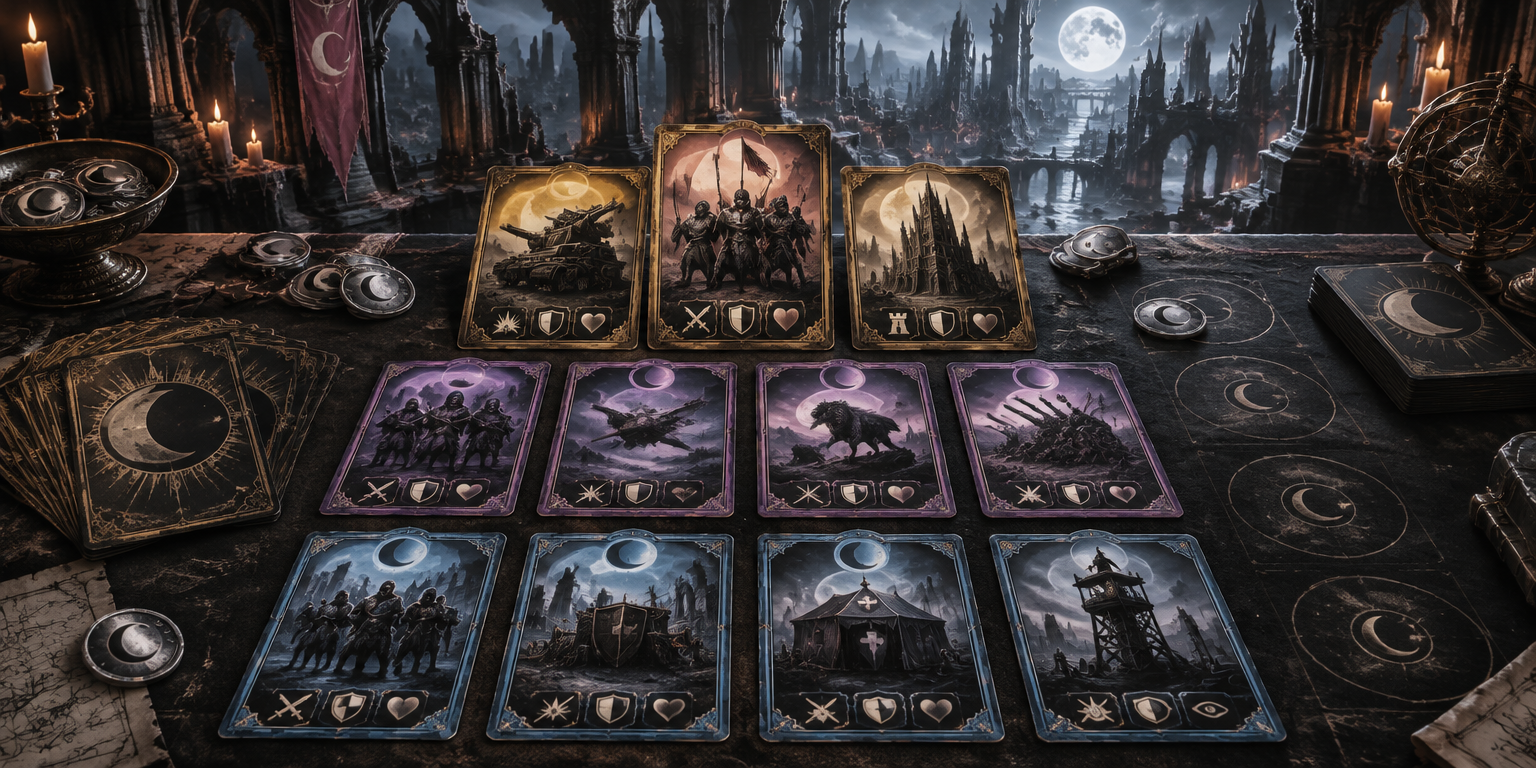 Gold, purple and blue Moonlight Collection cards arranged across a gothic tactical table