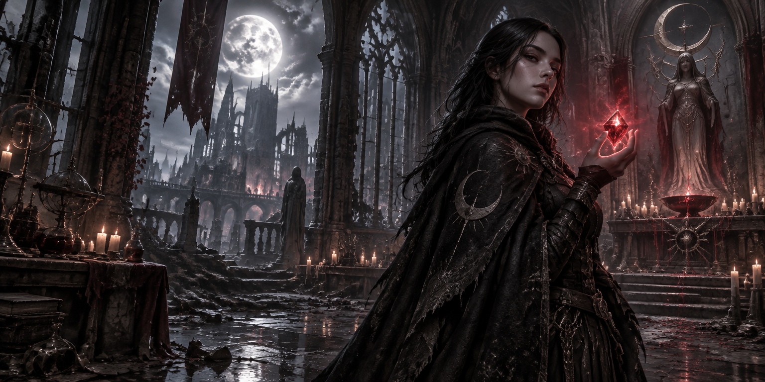 The Mysterious Witch holding a glowing Demon Stone inside a ruined moonlit cathedral