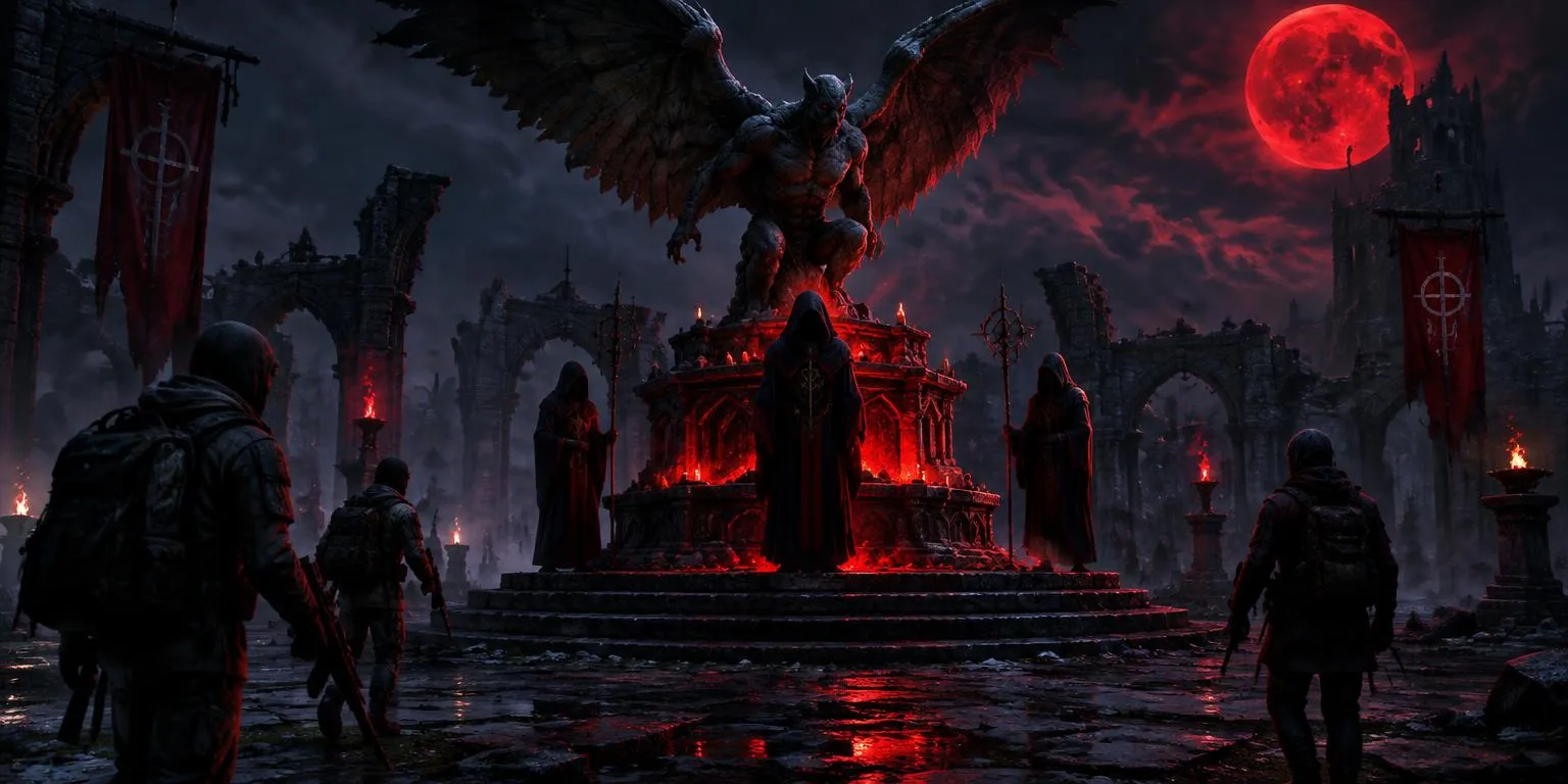 Survivors approaching a glowing ritual altar guarded by night priests and a gargoyle