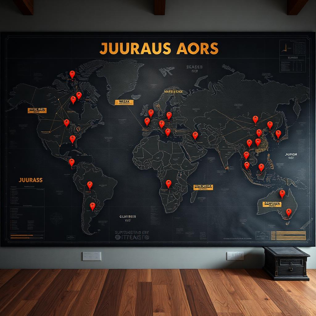 Wall-sized war-room map of the Jurassic season with thirteen week markers