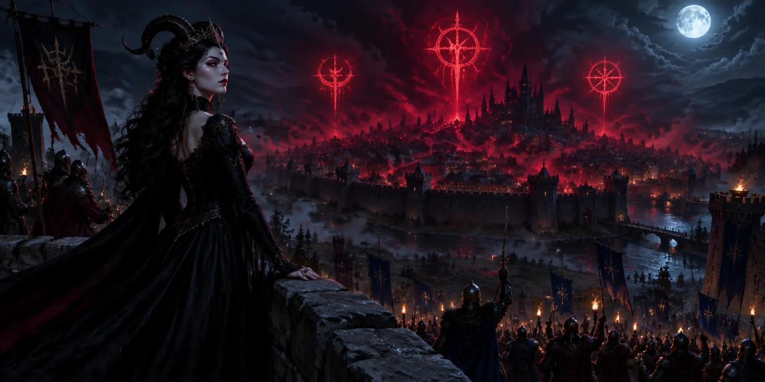 A horned countess over a cursed city as an alliance army gathers