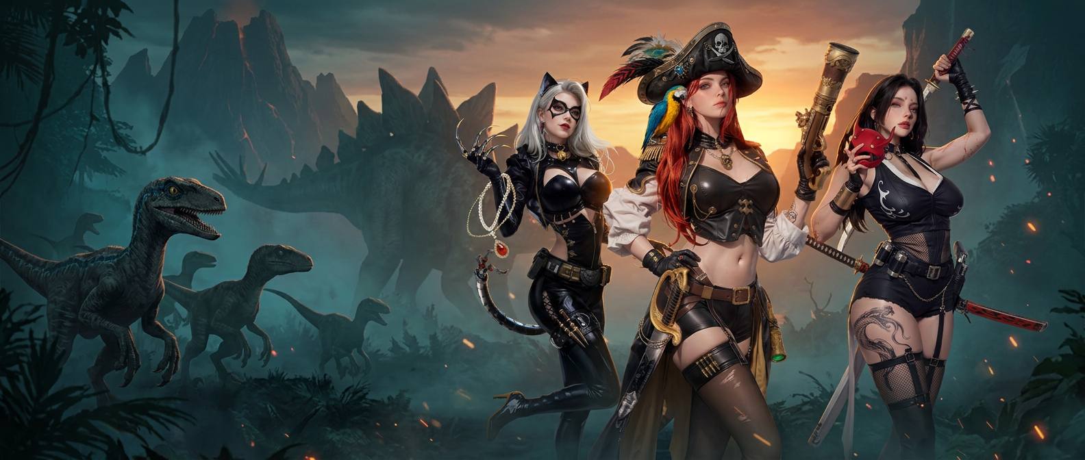 Season 3 heroes Licia, Liliana and Dodomeki against a Jurassic landscape