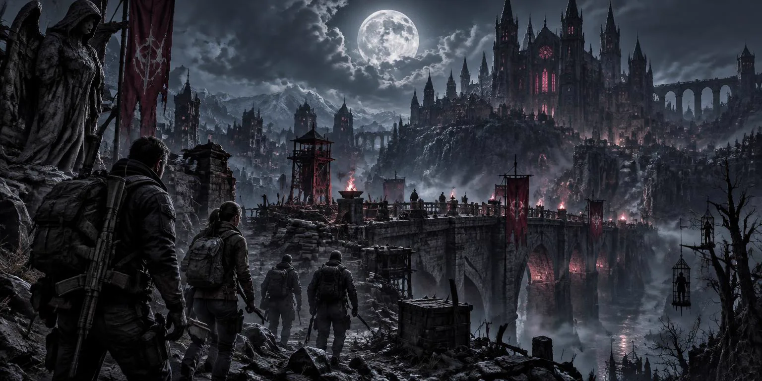 Survivors crossing into Moonlit Elegy's ruined gothic territory