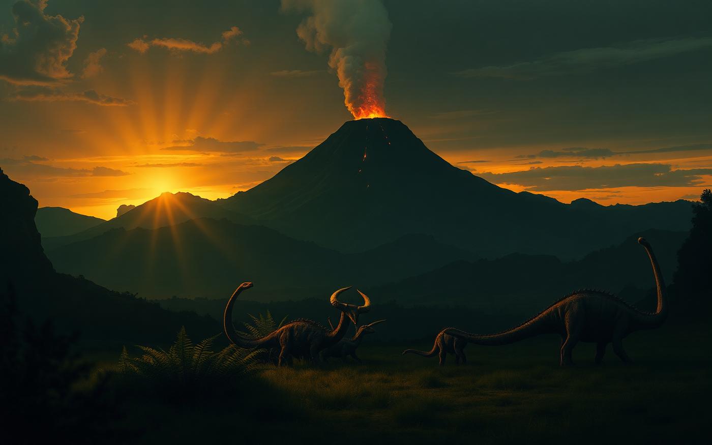 Original illustration of a prehistoric valley at dusk with sauropods grazing below a smoking volcano