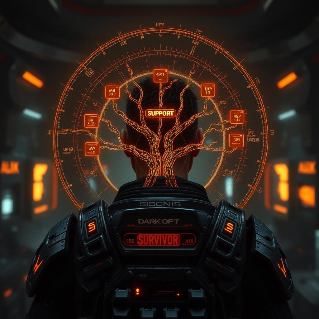 Radial holographic talent tree with SUPPORT and COMBAT branches over a survivor's armor