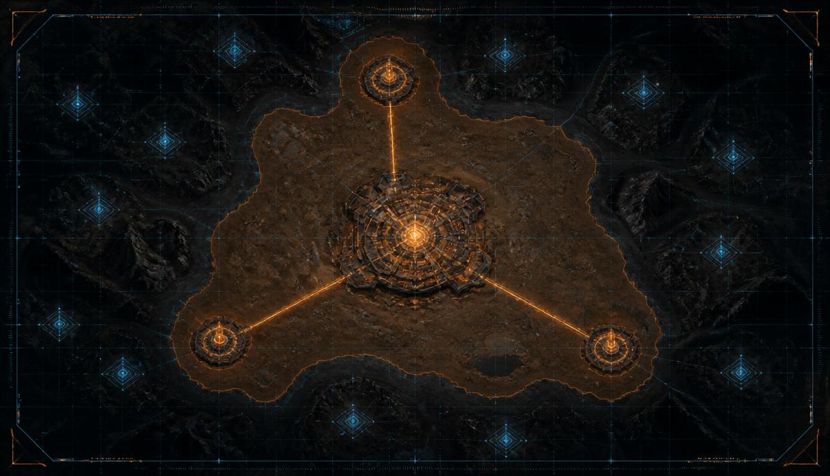 Tactical map showing the Capital in the brown mud zone linked to three turret outposts