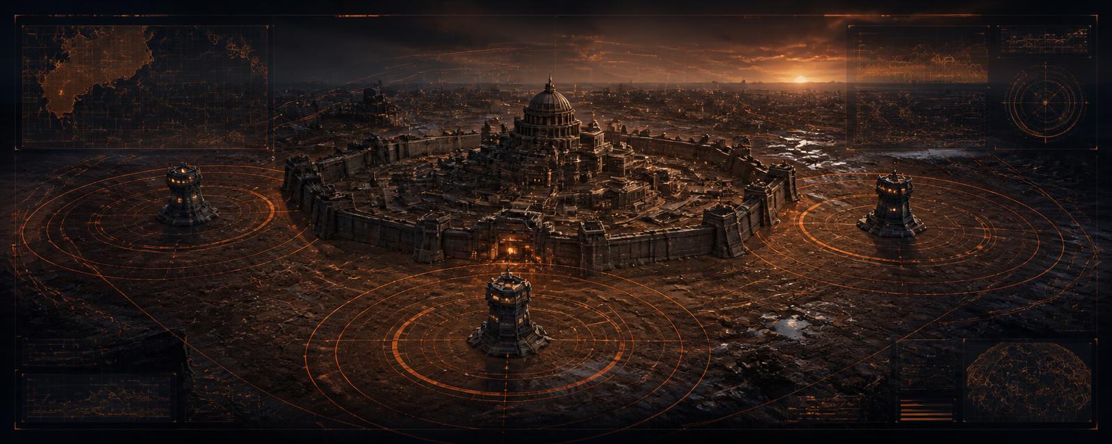 Fortified capital fortress ringed by three turret towers under a tactical HUD overlay