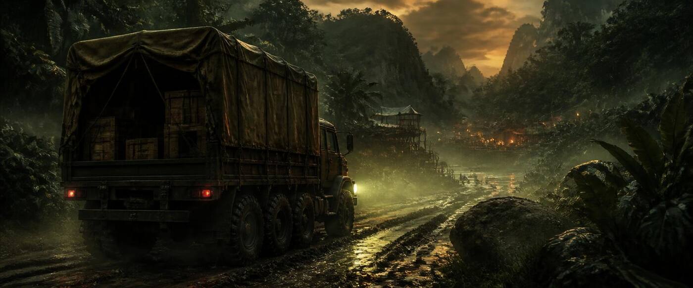 Original illustration of a canvas-covered supply truck driving a muddy jungle road toward a trading outpost